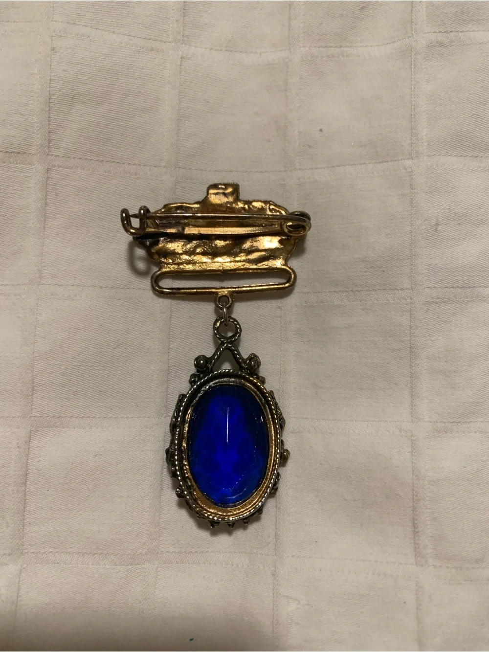 Cobalt Blue Faceted Glass Drop Brooch with Gold-Tone Accent